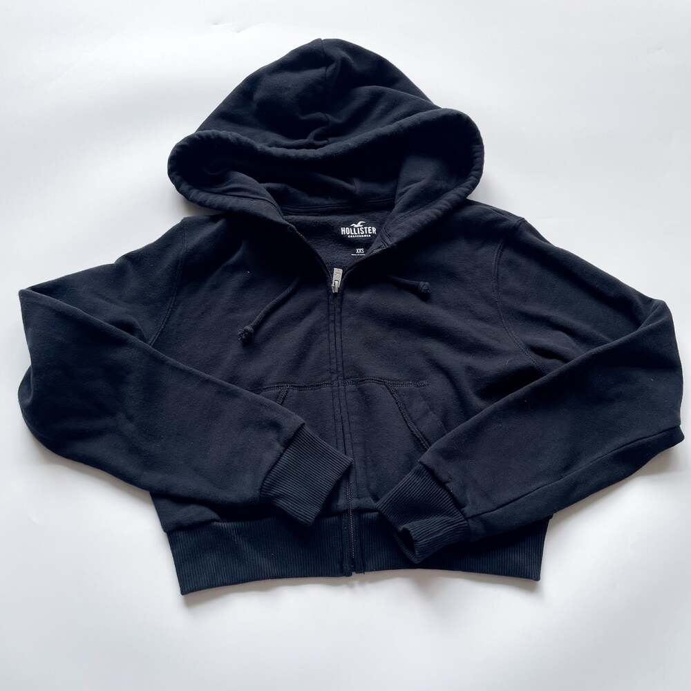 Girl's Hollister Black Cropped Oversized Zip Up Hoodie Size XXS